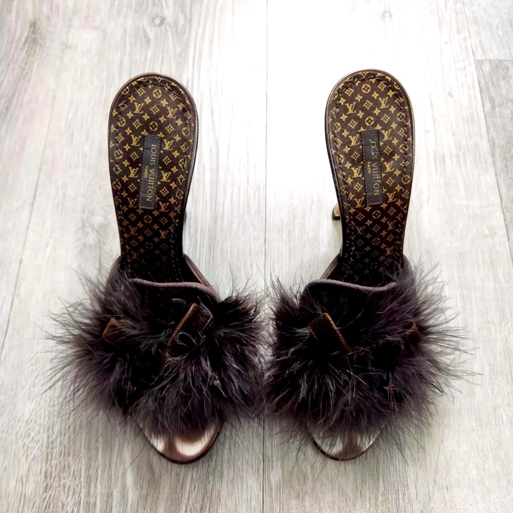 Y2K 2004 Louis Vuitton Monogram Marabou Fur Slide Heel Sandals